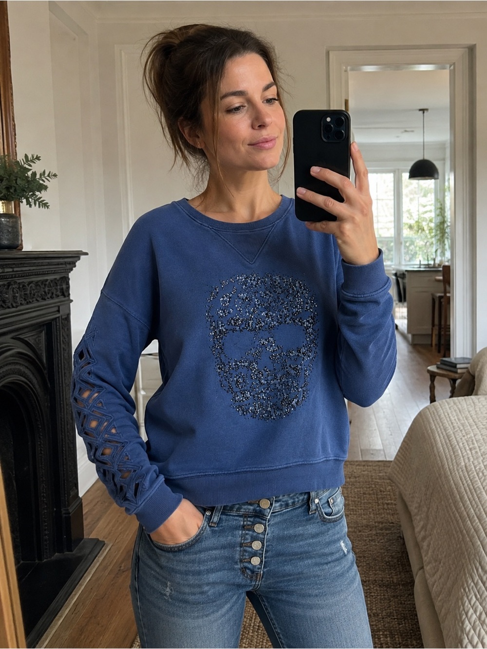 Zadig & Voltaire Sunny Blue Rhinestone Skull Cutout Sweatshirt Size S